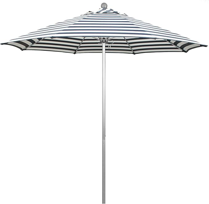 California Umbrella 9' Round Contract Grade Patio Umbrella, Push Open, Silver Finish, Navy/White Olefin
