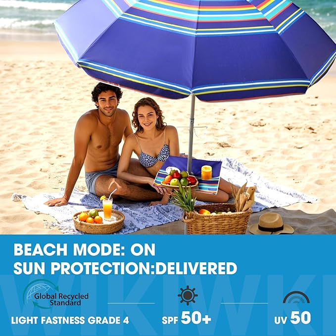 wikiwiki 7ft Beach Umbrella featuring a built-in table, UPF 50+ Protection Beach Umbrellas for Sand with Sand Anchor & Tilt, with Carry Bag and Hook, Dark Blue Stripes