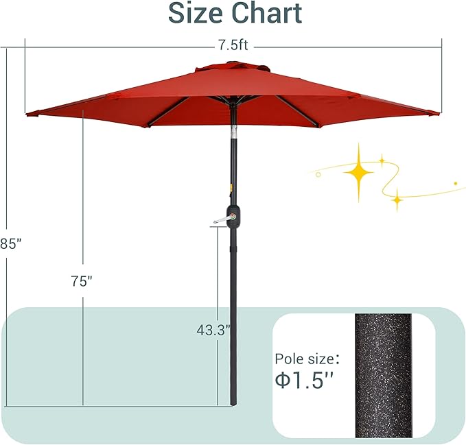 7.5ft Outdoor Umbrella Patio Umbrella,2-Year-Non-Fading,Table Market Patio Umbrella with Push Button Tilt and Crank,for Pool, Deck, Garden,Backyard