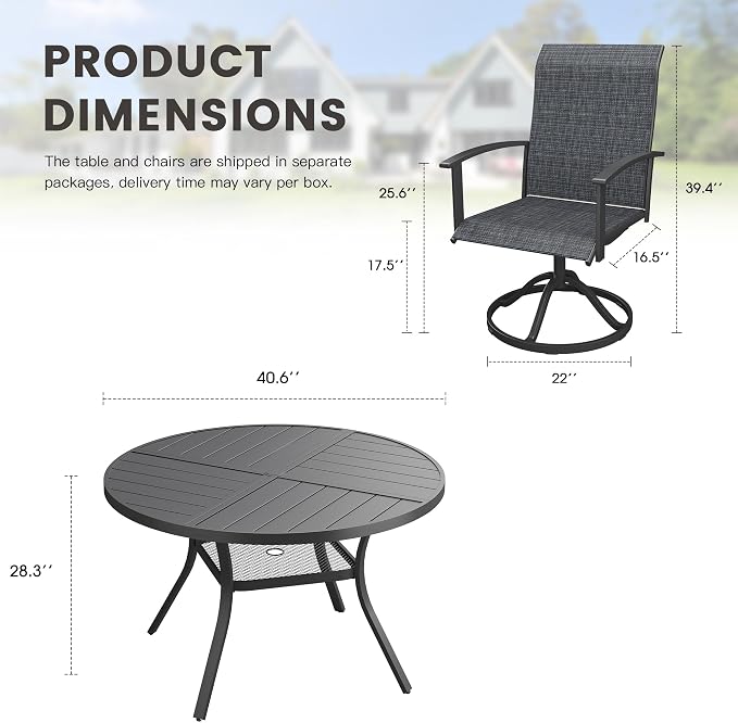 5 Pieces Round Outdoor Table and Chairs Set, Patio Dining Set with 40.6" Round Spliced Outdoor Table and Patio Swivel Chairs for Backyard Lawn Garden, Black Table and Black Chairs