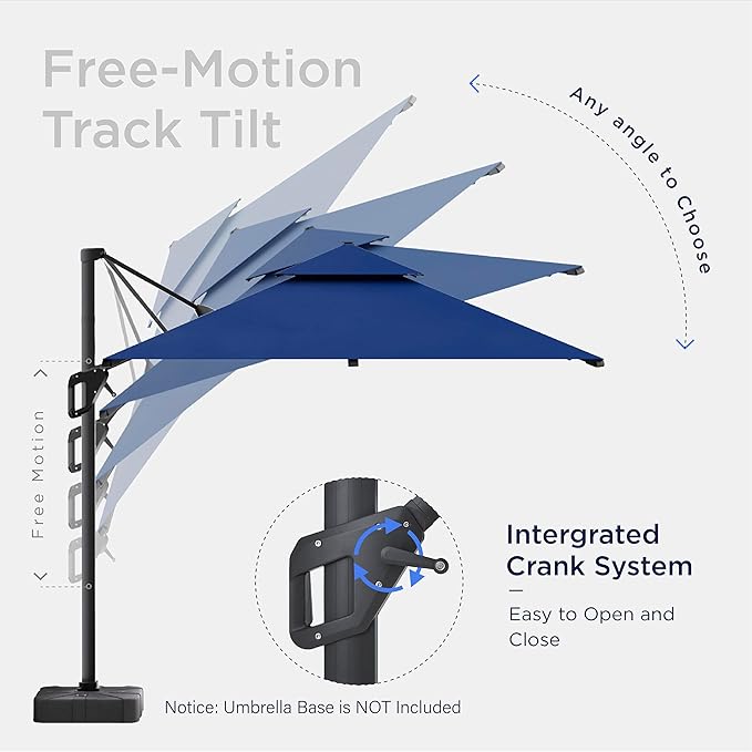 Deconk 10x10 FT Cantilever Patio Umbrella with Led Lights Double Top Outdoor Square Heavy Duty Offset Umbrellas 360°Rotation Free-motion Track Tilt Windproof for Pool Deck Garden, Navy