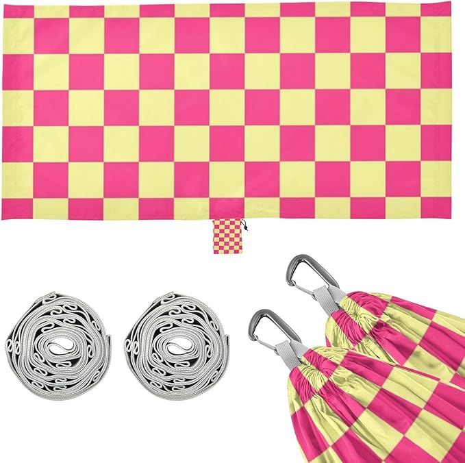 Pink and Yellow American Plaid 330lb Capacity Outdoor Hammock Tree Hammock for Patio Backyard Lounge Base para ir de Camping
