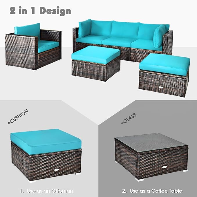 HAPPYGRILL 6 Pieces Patio Conversation Set Outdoor Furniture Set Rattan Wicker Sectional Sofa Set with Soft Cushions Coffee Table Ottoman for Backyard Garden Poolside