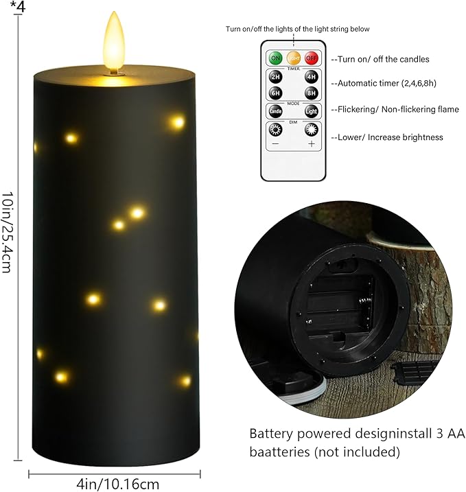 kakoya 10" x 4" Large Outdoor Waterproof Flickering Flameless Candles with Timer,4Pcs Battery Operated LED Pillar Candles with Embedded Star String for Outdoor Lanterns,Porch,Patio Decor(Black)