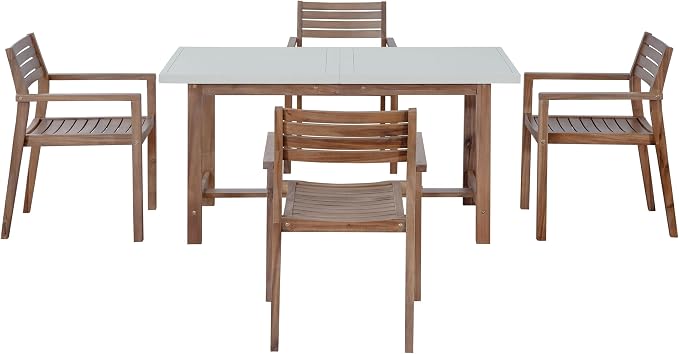 VilroCaz 5-Piece Outdoor Acacia Wood Outdoor Dining Set, All-Weather 59'' Rectangular Table with Umbrella Hole and 4 Armchair for Patio Lawn Garden Poolside (Brown-U27)