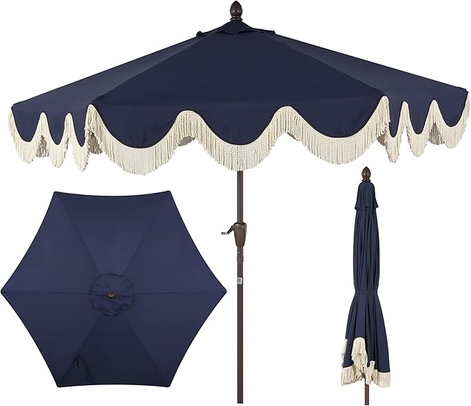 JONATHAN Y UMB1001 Collins 9 ft. Classic Cottage Tassel Market Patio Umbrella with Auto-Tilt, Crank, Wind Vent and UV Protection