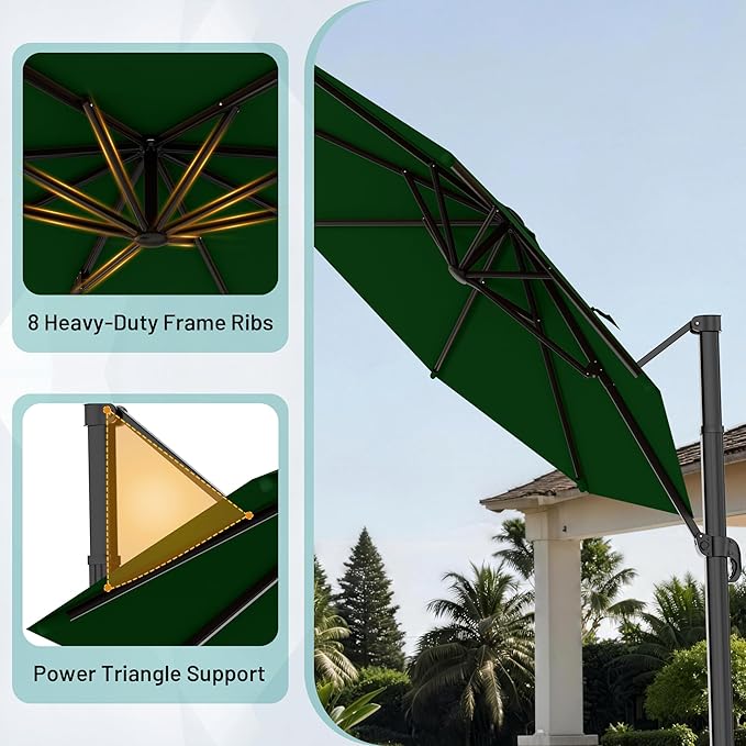 AreShark 11FT Round Cantilever Patio Umbrella with Base Included, 360° Rotation Offset Outdoor Umbrella, 5 Tilt Settings Heavy Duty Hanging Parasol for Deck Garden Pool, Dark Green