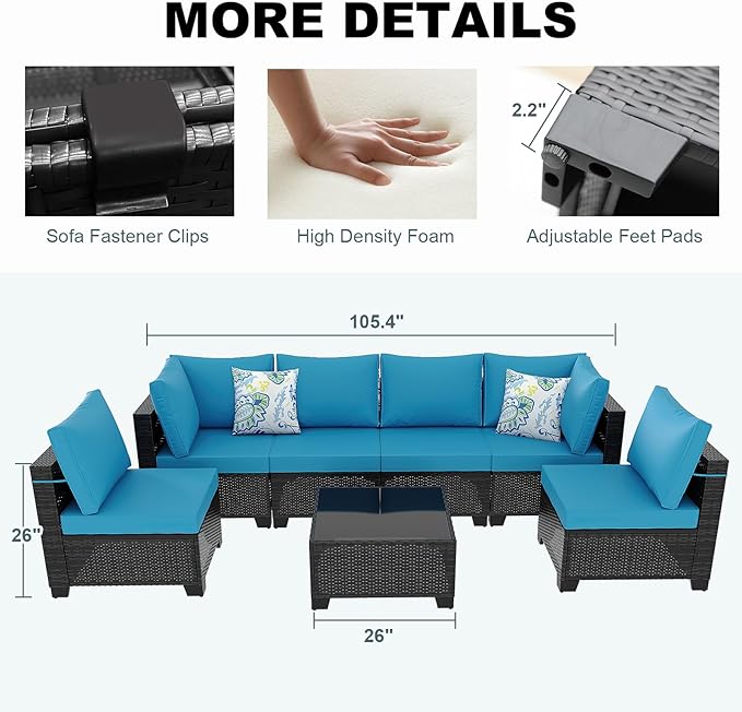 7 Pieces Patio Furniture Set, Outdoor Sectional Rattan Sofa Set, Wicker Patio Conversation Set with Cushions and Glass Coffee Table, for Balcony, Porch, Garden, (Brown/Peacock Blue)