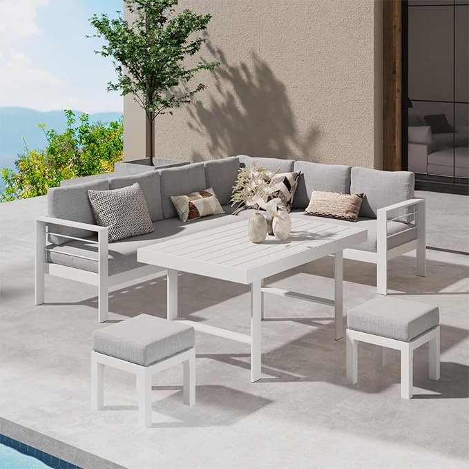 Wisteria Lane Aluminum Outdoor Patio Furniture Set, Metal Outside Patio Furniture Conversation Sets with Dining Table&2 Ottomans, Sectional Sofa Couch Seating Set with Cushions for Backyard