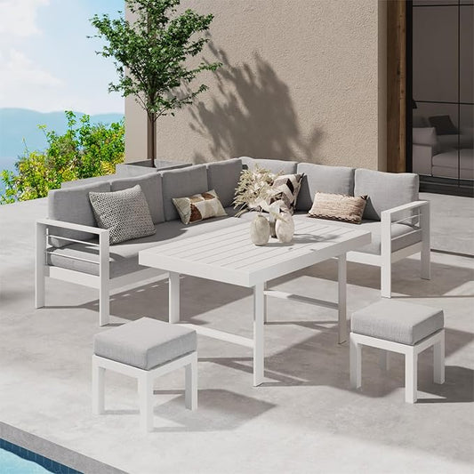 Wisteria Lane Aluminum Outdoor Patio Furniture Set, Metal Outside Patio Furniture Conversation Sets with Dining Table&2 Ottomans, Sectional Sofa Couch Seating Set with Cushions for Backyard