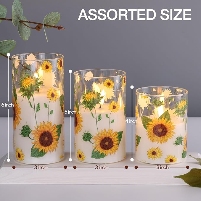 Sunflower Glass Flameless Pillar Candles with Remote, Flickering LED Battery Candles Spring Home Decor Set of 3