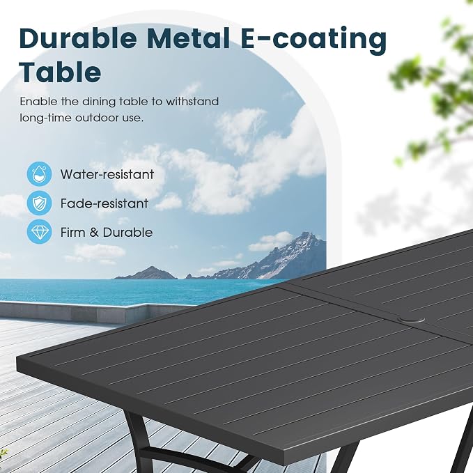 9 Pieces Outdoor Patio Dining Set, 70.9" All Weather Rectangle Metal Table with Umbrella Hole and 8 High Back Textilene Swivel Chairs for Garden, Lawn, Poolside, Black