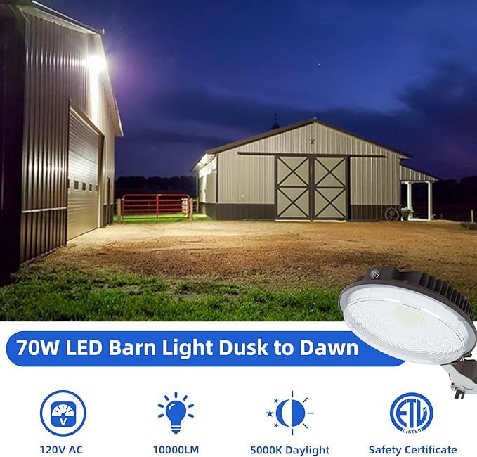 70W LED Barn Light,Dusk to Dawn Outdoor Lighting with Photocell and Mount arm, 5000K Daylight 10500LM,IP65 Waterproof Adjustable Angle Outdoor Flood Light for Yard Garage Securtity Area