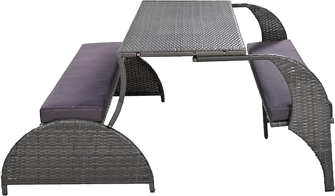 Merax Outdoor Rattan Loveseat, Patio Conversation Sets, Convertible to Four Seats with Table Sofa for Backyard, Garden and Lawn, Gray
