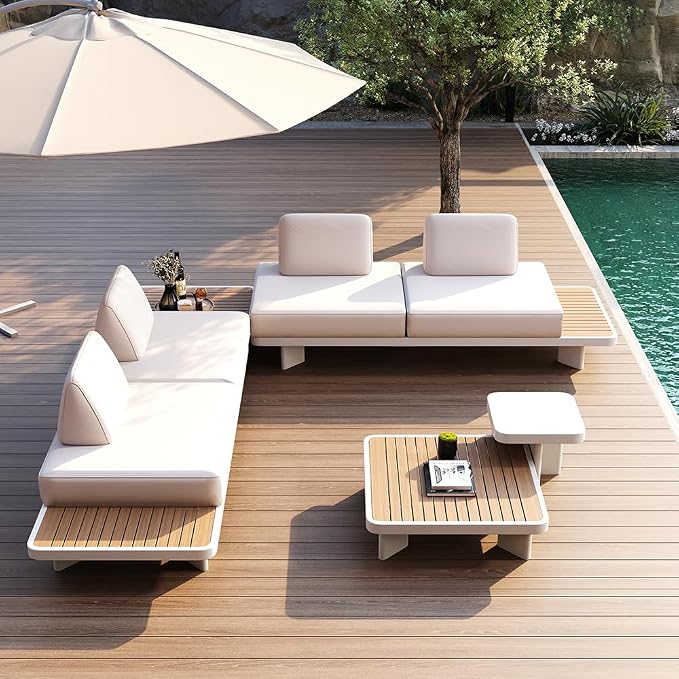 homary Modular Patio Sofa Set — Weather-Resistant Outdoor Conversation Set with Cushions, Configurable Design for Decks, Gardens, and Poolside, White, Without Umbrella
