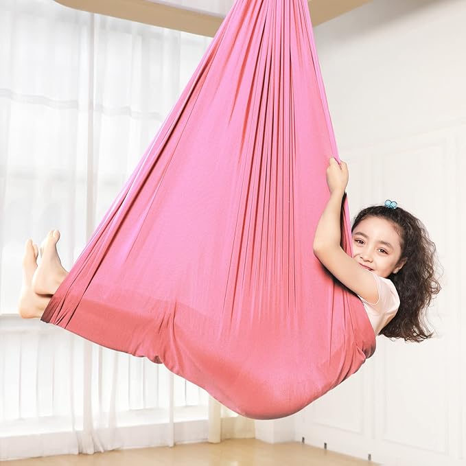 Yoga Swing for Kids Hammock Children Hangin Indoor Outdoor Autism Aspergers,ADHD Kids Hangin Therapy Swing 110inch x 59inch (Hardware Included) Pink