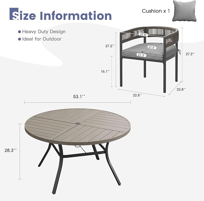 VICLLAX Patio Dining Set, 53.1" Grey Table & 6 Chairs with Grey Cushion | Outdoor Table and Chairs Set of Round Metal Patio Table, Outdoor Dining Chairs with Metal Frame, Garden Deck Porch