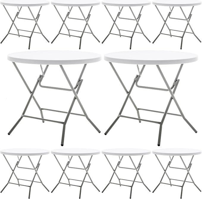 BTEXPERT Set of 10, White 2.63 Foot Round 30" Height Folding Commercial Portable Banquet Card Plastic Coffee Dining Table for Patio Backyard Wedding Party Event Indoor Outdoor Thick Top Metal Frame