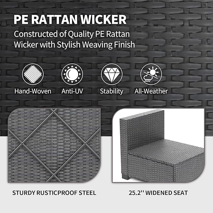 7 Piece Outdoor Patio Furniture Set, PE Rattan Conversation Sofa Set, Wicker Patio Set w/Thick Cushions & Glass Top Coffee Table, All-Weather Outside Furniture for Garden, Balcony, Porch(Dark Curry)