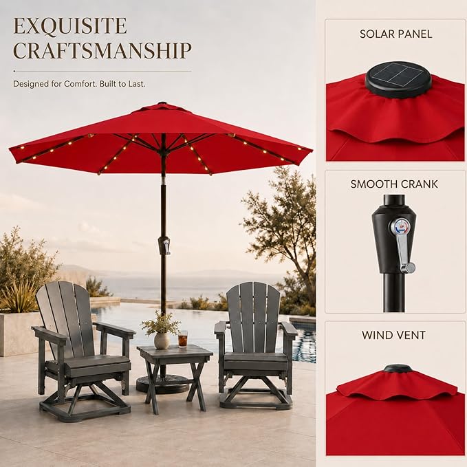 10FT Solar Lighted Patio Umbrella, Outdoor Table Market Umbrellas with Push Button Tilt and Crank, 32 LED Lights, 8 Sturdy Ribs, UV-Resistant for Deck, Garden, Pool