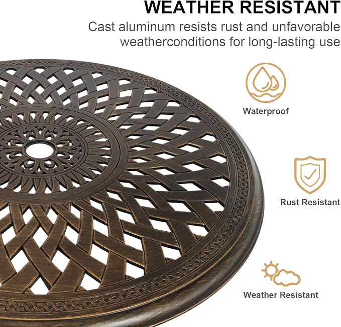 30.31" Cast Aluminum Outdoor Dining Table, Patio Bistro Table with 2.36" Umbrella Hole, Metal Conversation Furniture for Garden Porch