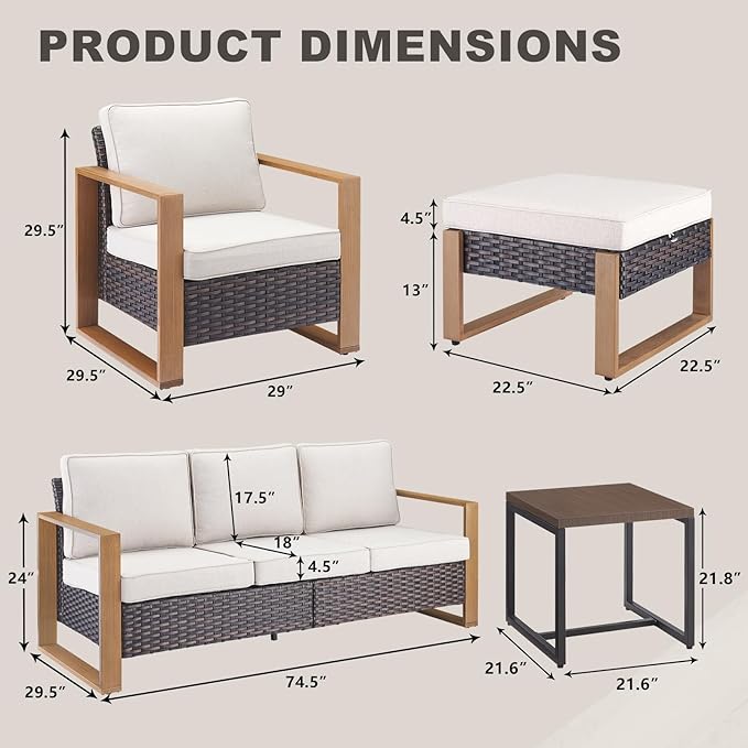 Outdoor Wicker Patio Furniture Set - 6 Piece Patio Conversation Set with 2 Wicker Armrest Chairs,2 Rattan Ottoman,1 Side Table and 1 Couch,Sturdy Frame,Thick Cushions,Deep Seating(Brown/Beige)