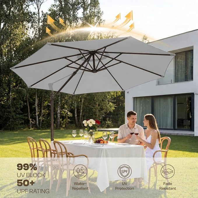 Kingdura Cantilever Patio Umbrella with Double Top Vent, Large Square Aluminum Outdoor Offset Umbrella with 360-degree Rotation, Infinite Tilt, UV Protection for Pool Deck Garden Patio