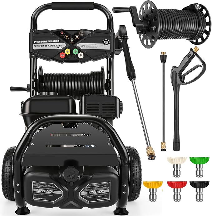 Professional 4200PSI 4GPM 212CC Gas Pressure Washer, 33FT Hose 3L Foam Bottle 10" Wheels 7HP Commercial Gas Power Washer with 5 Nozzles for Home Car Fence Driveway Yard (EPA/CARB/ETL Compliant) Black