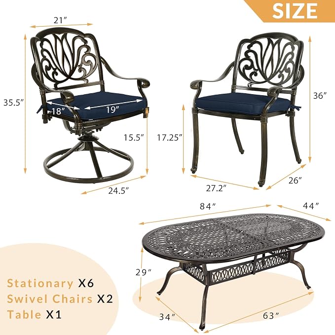 9-Piece Patio Dining Set, Outdoor Patio Table and Chair Set of 84” Oval Cast Aluminum Dining Table with Umbrella Hole, 6 Stationary, 2 Swivel Rocker Chairs, Patio Funiture Set, Navy