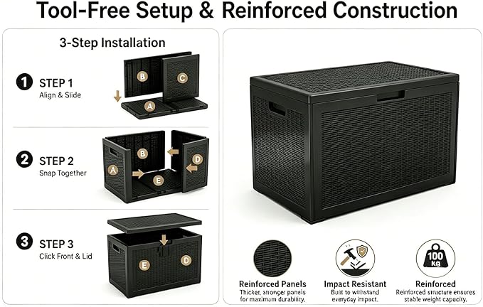 100 Gallon Package Delivery Box for Outside, Waterproof Deck Box & Outdoor Storage Container for Patio Cushions & Deliveries, Lockable Resin Bin, Easy Tool-Free Assembly Black