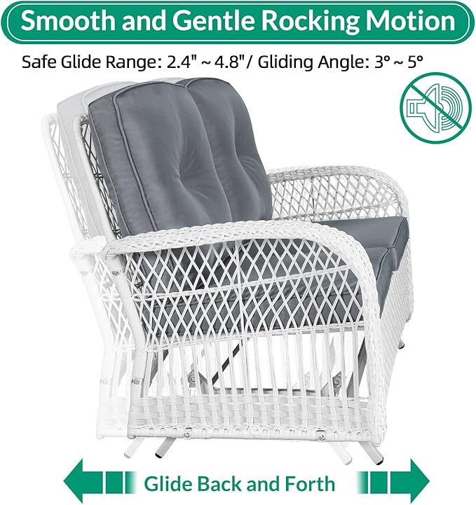 VIVIJASON 4-Piece Patio Wicker Conversation Set, All Weather Outdoor Rattan Furniture Set Includes Glider Loveseat, Coffee Table, 2 Rocking Chairs with Cushions for Backyard, White/Grey