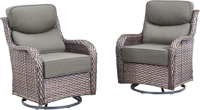 Rilyson Outdoor Swivel Rocker Chairs - All Weather Resistant Wicker Patio Furniture Set of 2 with High Back and 6 inch Thick Cushions for Deck Porch Yard and Poolside, Brown/Grey