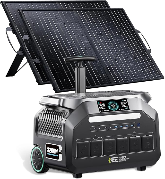 IEE 3200W Portable Power Station P3200 with 2x100W Solar Panels, 2048Wh LiFePO4 Solar Generator, 1800W AC & 1000W Solar Charging, 14 Output Ports(6400W Peak), EPS, for Home Backup, Camping, Emergency