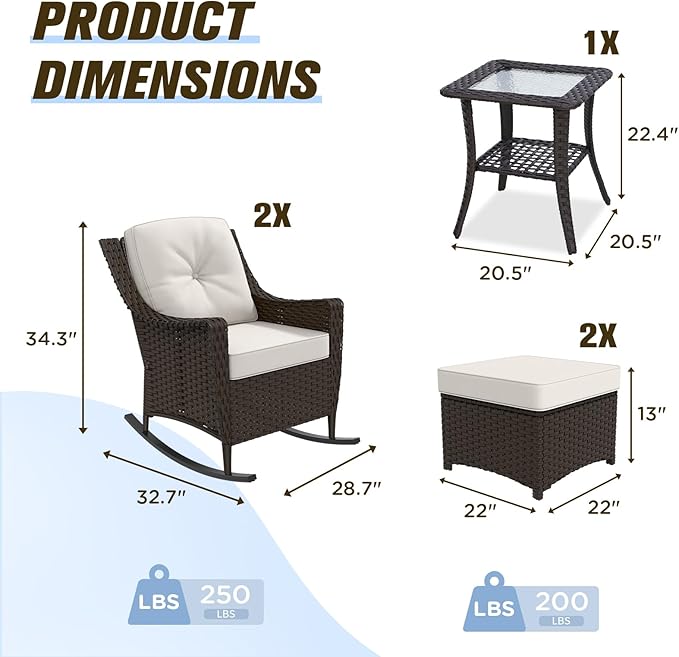Stone Creek Outdoor Furniture Set with Rocking Chairs, Side Table & Ottomans, Wicker Patio Conversation Set, Balcony Furniture, 5 Piece, Brown/Beige