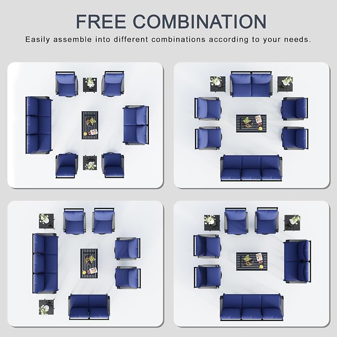 9 Pieces Patio Furniture Set, Metal Outdoor Conversation Sets with Swivel Chairs, Modern Couch Sofa Seating Group with Coffee Table and Side Table (Thick Blue Cushions)