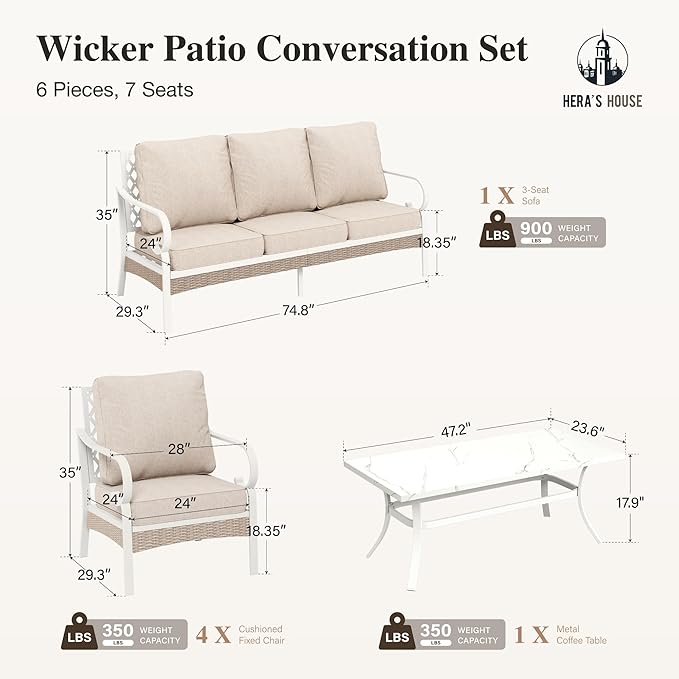 HERA'S HOUSE 6 Pieces Metal Patio Furniture Set, All Weather Outdoor Conversation Sets with 3-Seat Sofa, 4 Fixed Chairs & Coffee Table, 7 Seats for Backyard, Garden, Deck, White/Beige