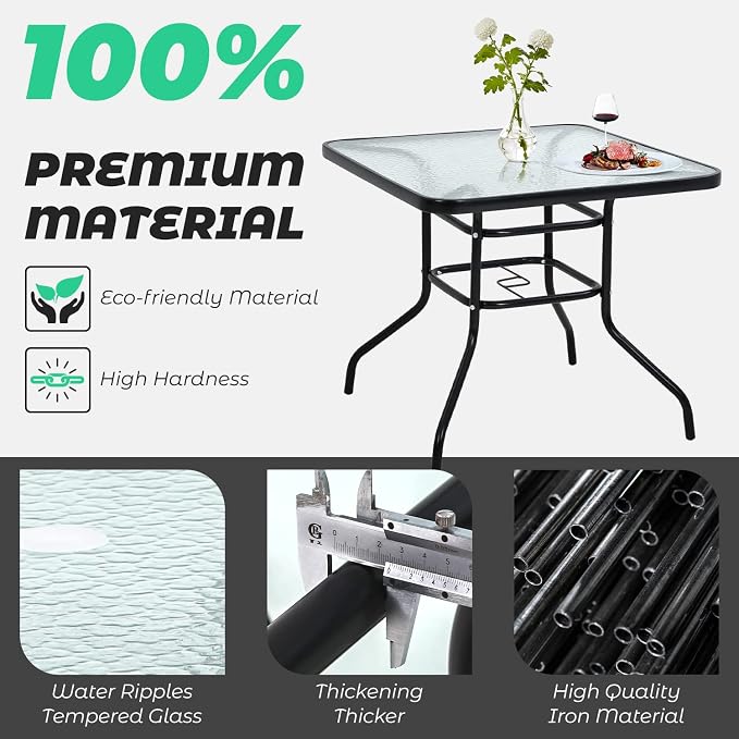 Patio Table Patio Dining Table Bistro Table Rectangular Furniture Outdoor Patio Coffee Small Balcony End Outside Console Umbrella Hole Tempered Glass Conversation Black