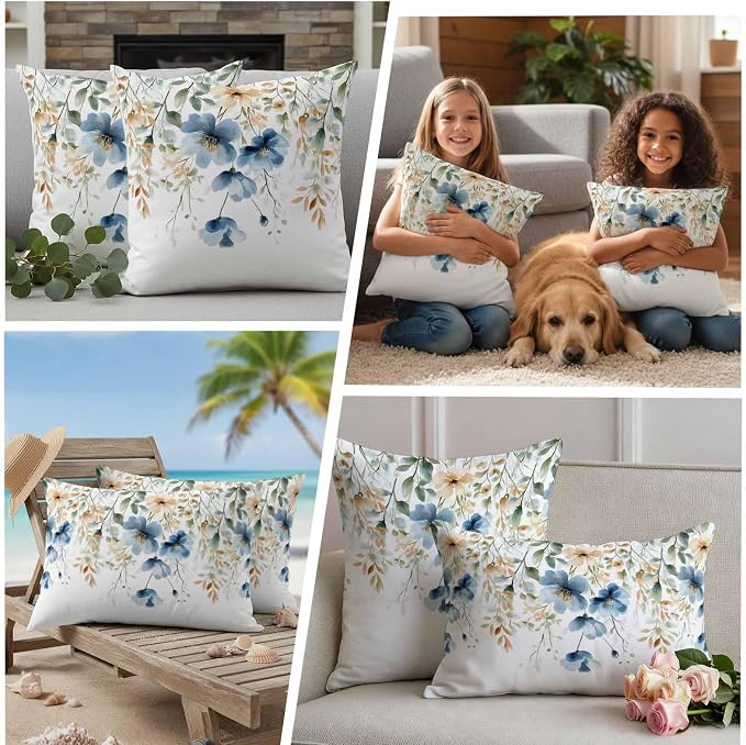 Blue Spring Floral Waterproof Outdoor Pillow Covers 16''x16'' Set of 2, Weeping Botanical Patio Furniture Summer Cushion Covers for Chairs, Decorative Wildflowers Pillow Cases for Garden/Pool/Beach