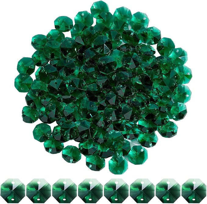 1 Box 120Pcs 14mm Glass Octagon Beads 2 Hole Crystal Prism Beads Sun Catcher Dark Cyan Chandelier Replacement Connector Faceted Spacers for Suncatchers DIY Lamp Hanging Pendants Jewellery