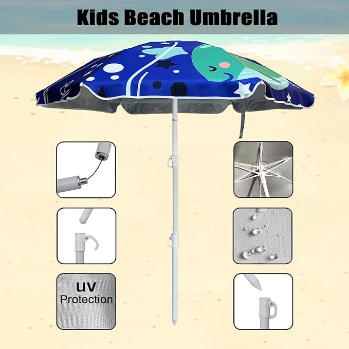 LOTTAFUN Water Table Umbrella Kid 5ft Beach Umbrella Diameter 0.99-1.2 Inches Pole UV 50+ Portable Sun Shade with Sand Anchor & Carry Bag, Outdoor Folding Umbrella for Beach,Pool,Patio,Garden (Dophin)NO Tilt The sand needs to be over 5inches above the ...