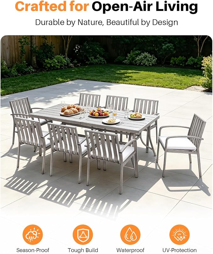 Never-Rust Outdoor Dining Table for 8, Aluminum Patio Dining Table with Umbrella Hole, 84" Rectangle Outdoor Dining Tables for Deck, Backyard, Garden, Poolside, Limed Oak