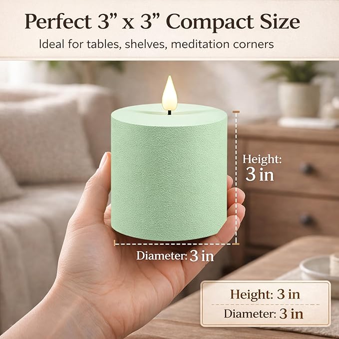 smtyle Battery Operated 3x3 inch Sage Green LED Pillar Textured Sand Finish Fake Minimalist Modern Flickering Realistic Flameless Candles for Table, Bathroom, Fireplace Mantel