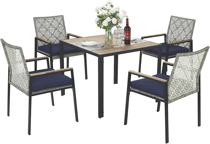 5-Piece Outdoor Patio Furniture Dining Set, All-Weather Rattan Conversation Set with Umbrella Hole, Weather Resistant Tables and Chairs for Garden/Backyard Deck (Light Gray)