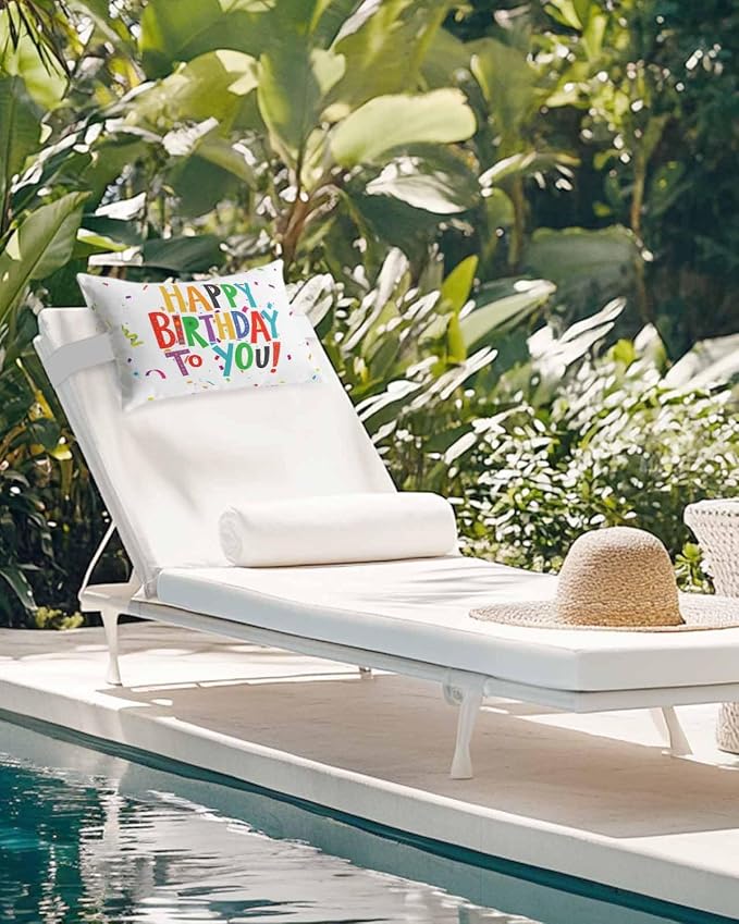 Outdoor Pillows Covers with Inserts Happy Birthday Colorful Text Ribbon Party Waterproof Recliner Pillow with Adjustable Strap Throw Pillows for Patio Furniture Pool Lounge Chair, 11x16 inch, 1PCS