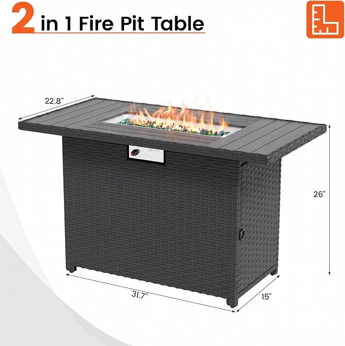 8 Piece Patio Furniture Set with 43" Fire Pit Table, Outdoor Sectional Wicker Sofa Set with Coffee Table (Black/Black)