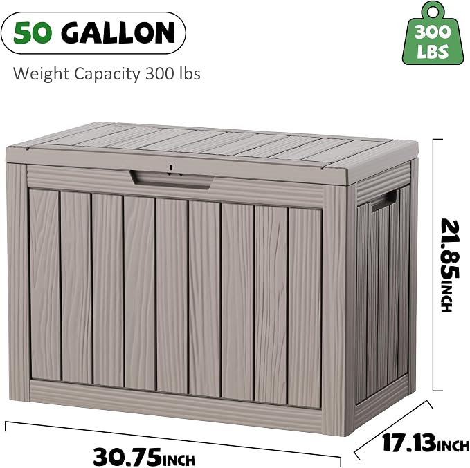 DRATO 50 Gallon Outdoor Storage Box Waterproof, Lockable Resin Deck Box for Patio Furniture, Pool Supplies & Garden Tools, Weatherproof Outside Storage Bin for Backyard Porch (Grey, 50 Gallon)