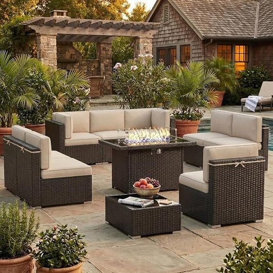 10 Pieces Patio Furniture Set with 44" Propane Gas Fire Pit Table, Outdoor Sectional Brown Rattan Wicker Conversation Sofa Sets with Coffee Table