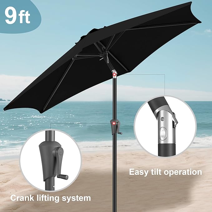 FLAME&SHADE 9ft Patio Umbrella Outdoor - Table Umbrella with Push Button Tilt and Crank, UV Protection, 6 Sturdy Ribs, Market Umbrella for Garden, Deck, Backyard, Lawn, Pool and Beach(Black)