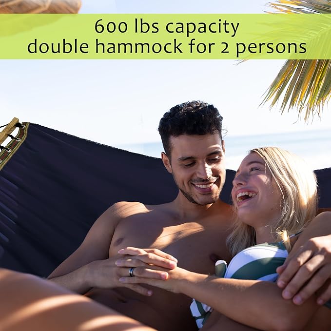 Tranquillo Double Hammock 2 Persons Cotton Canvas 600 lbs Portable Camping Hammock with Solid Curved Wood Spreader Bar Hammock for Camping Trave Outdoor Adventures Indoor Patio Garden, Navy
