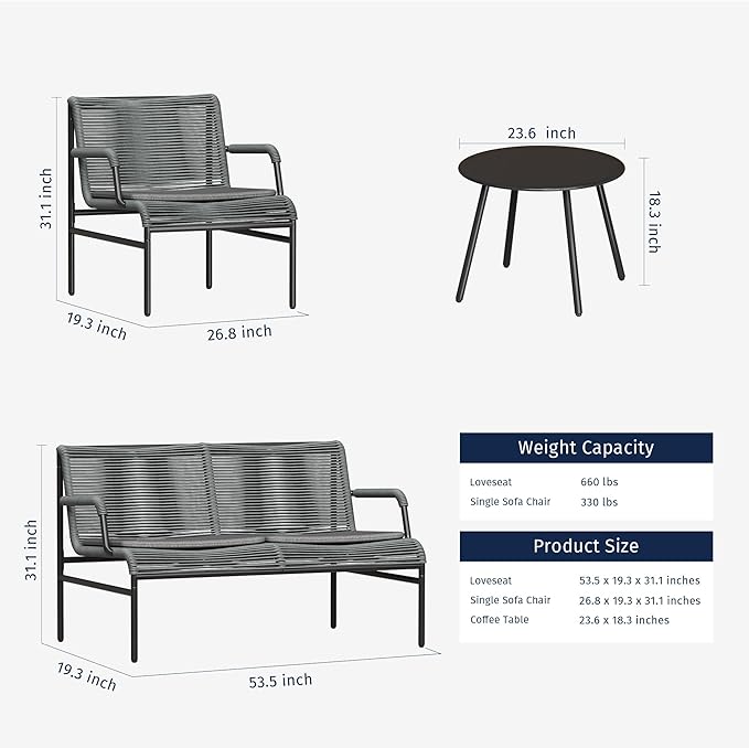 East Oak 4 Piece Patio Furniture Set, Outdoor Furniture with PE Wicker Rattan Chairs and Coffee Table, Modern Patio Conversation Set with Soft Pad for Garden, Backyard and Porch, Misty Grey